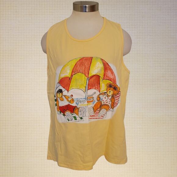 Y2K Yellow Teddy Bear Graphic Tank Top 2000s Flowy Cotton XL Summer Cute - Picture 1 of 8
